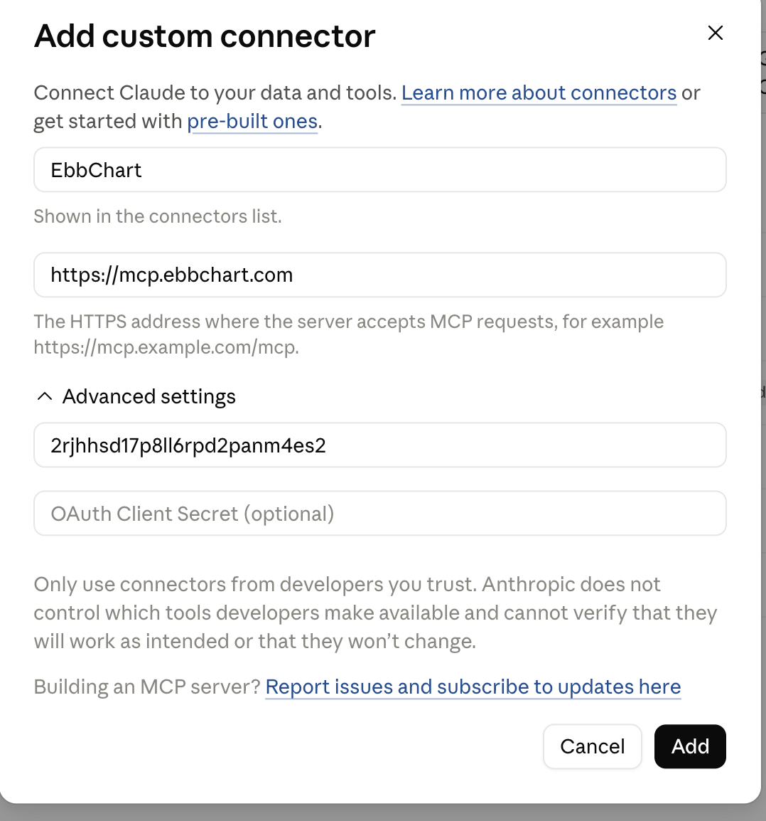 Claude's Add custom connector dialog showing EbbChart as the name, https://mcp.ebbchart.com as the server URL, and the client ID filled in under the Advanced settings section