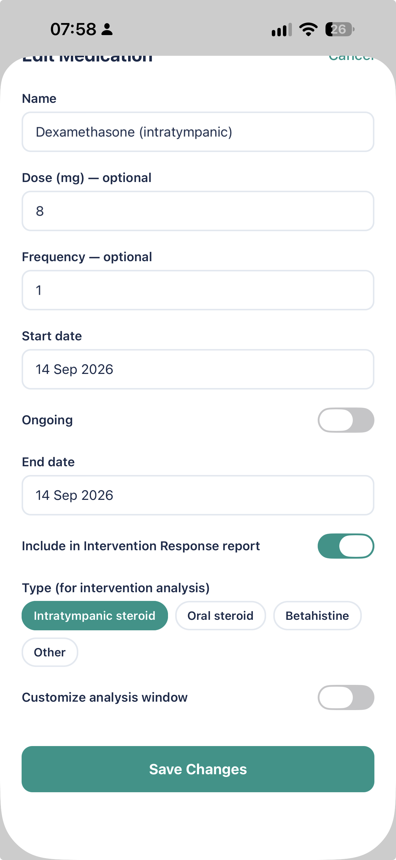 EbbChart medication screen showing Intervention Response settings